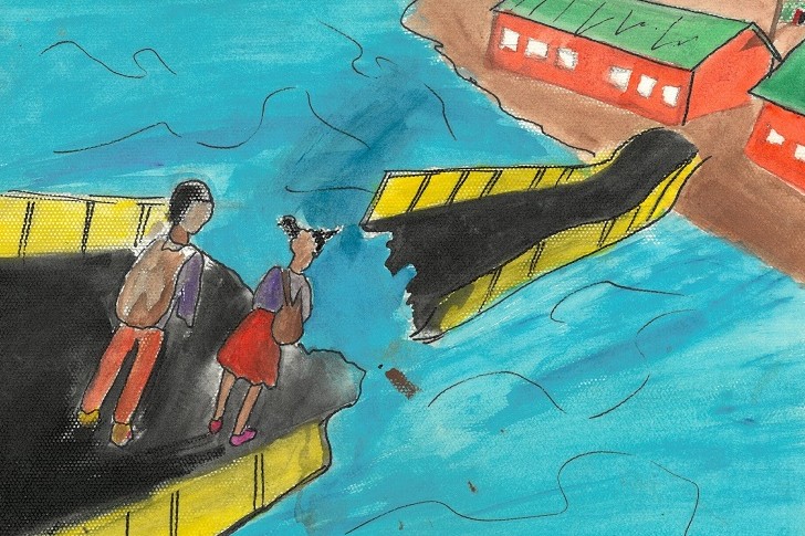 A child's drawing of a natural disaster in Zambia, where a bridge collapsed.